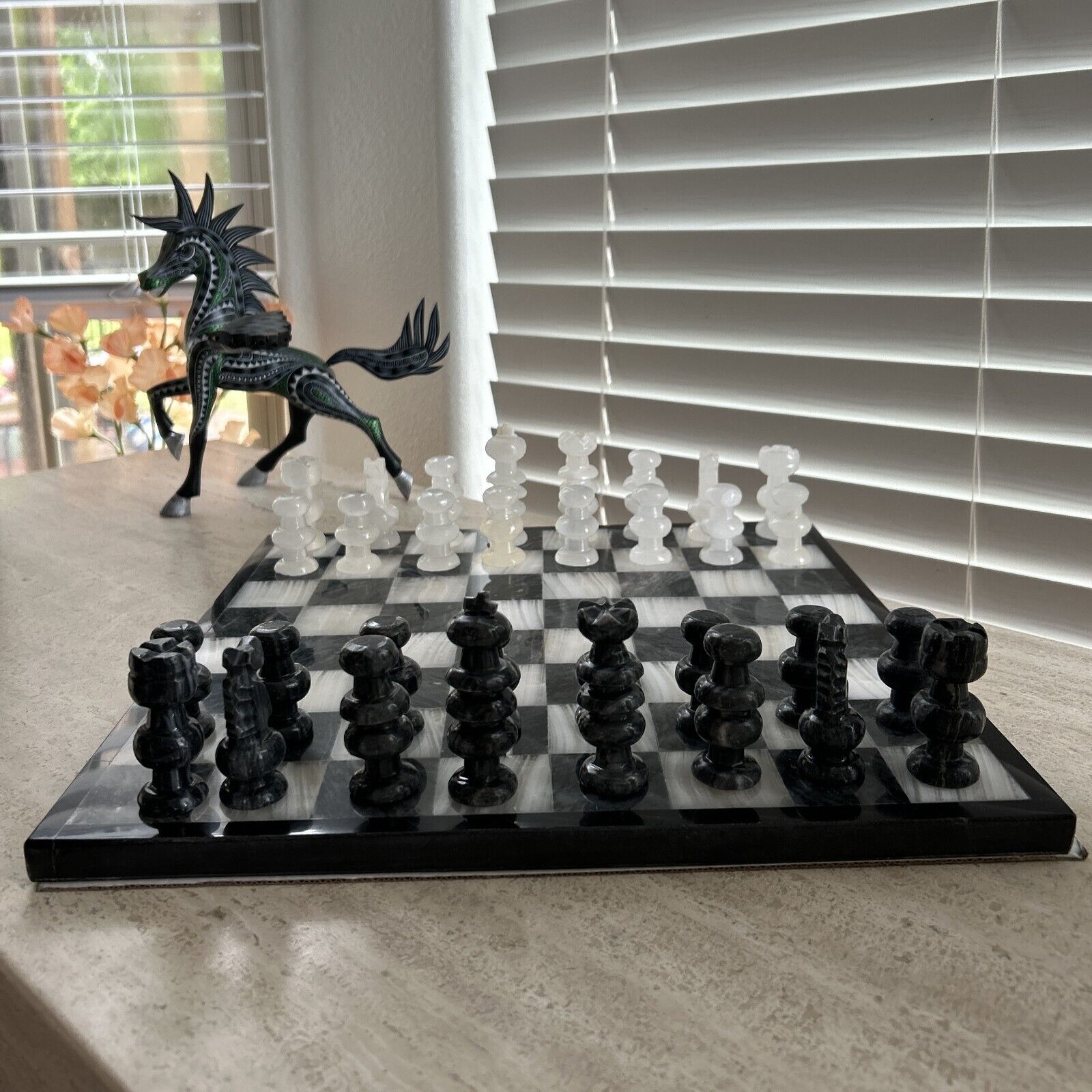 Onyx Chess Set Gray White 32 Pieces Board 13.75" Handmade Marble Chess