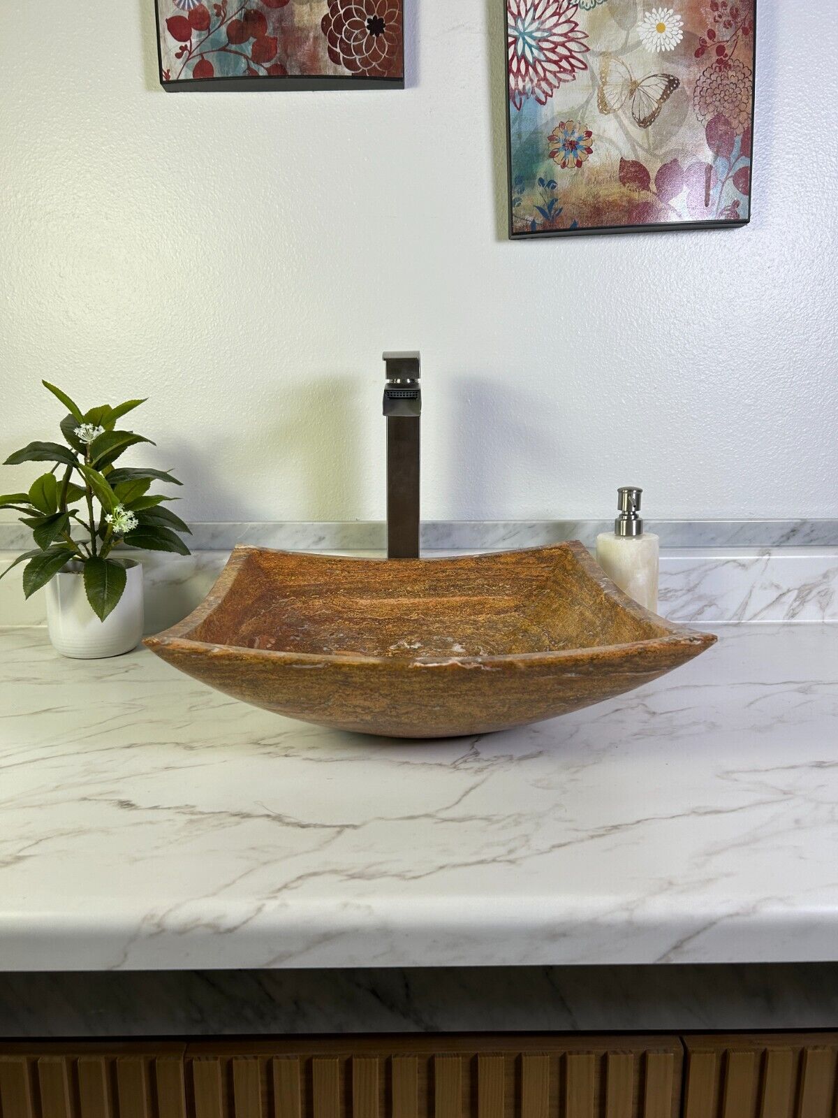 Red Travertine Marble Natural Stone Sink Hand Carved Vessel Sink Vanity