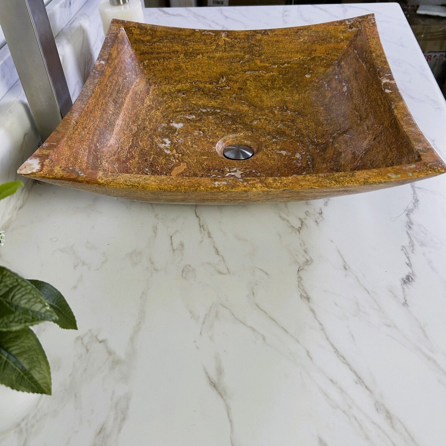 Red Travertine Marble Natural Stone Sink Hand Carved Vessel Sink Vanity