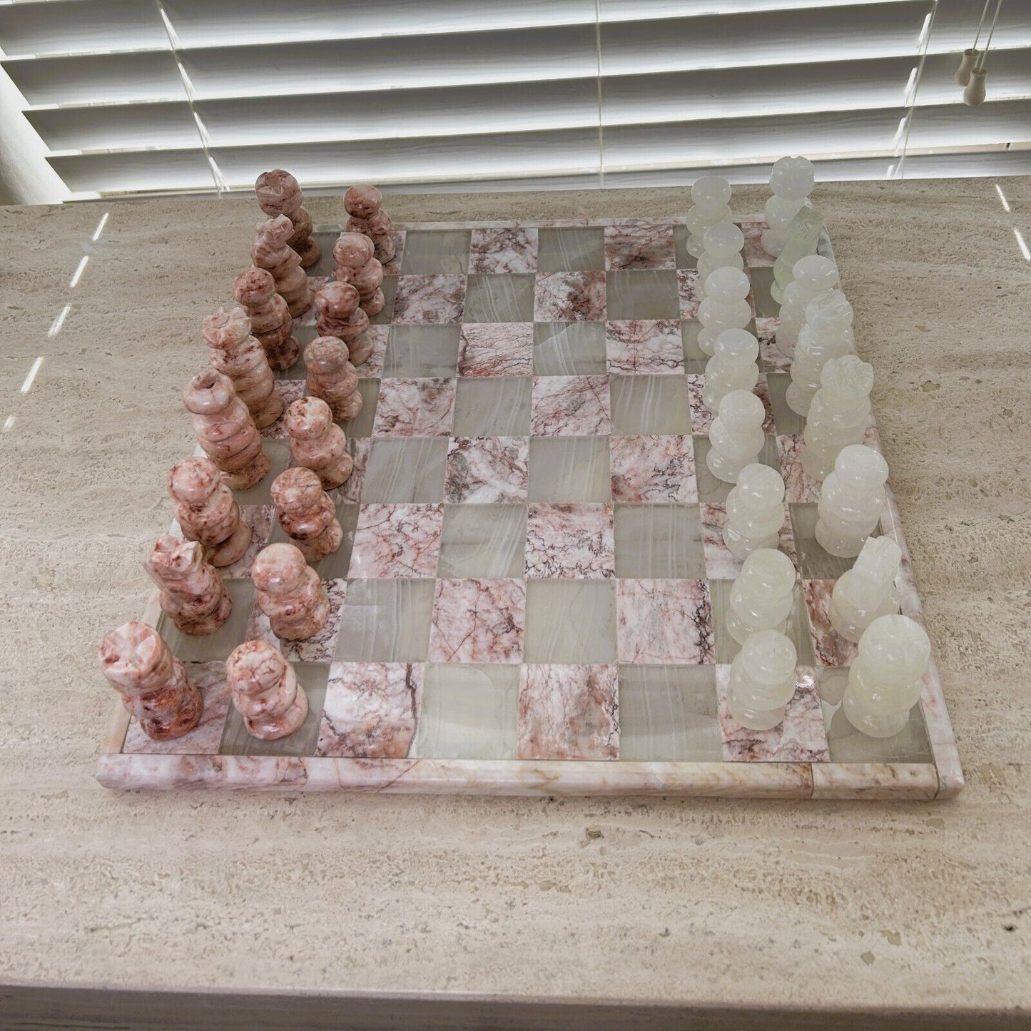 Onyx Chess Set Pink White 32 Pieces Board 13.75" Handmade Marble Chess