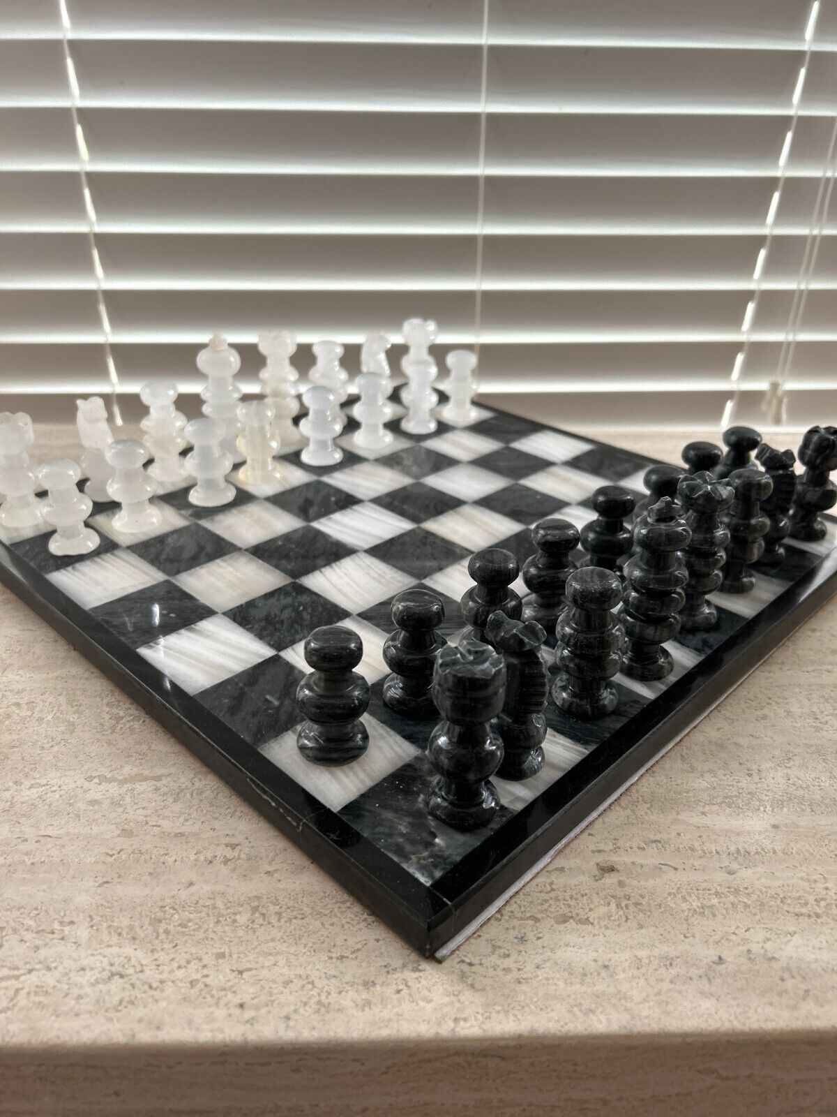 Onyx Chess Set Gray White 32 Pieces Board 13.75" Handmade Marble Chess