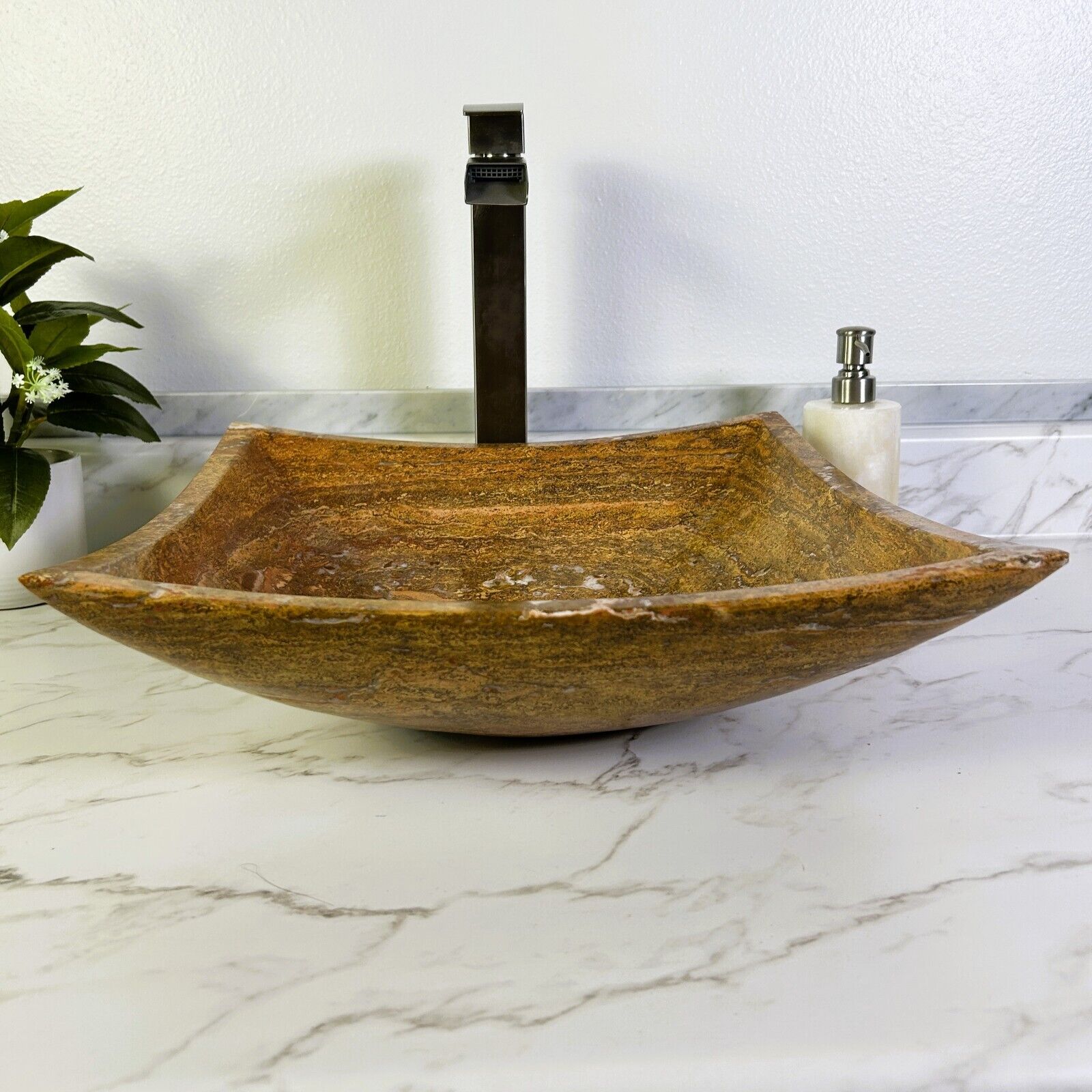 Red Travertine Marble Natural Stone Sink Hand Carved Vessel Sink Vanity