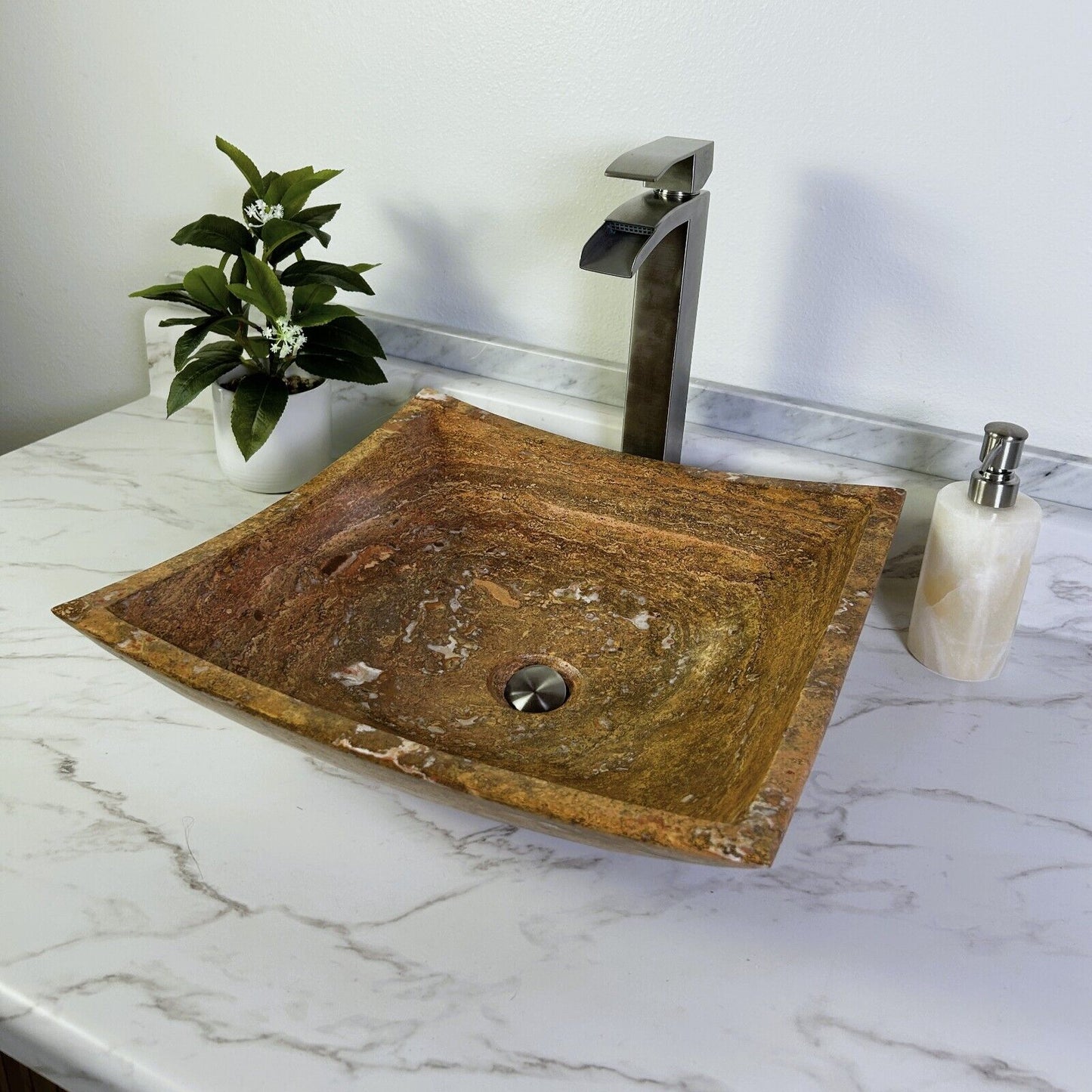 Red Travertine Marble Natural Stone Sink Hand Carved Vessel Sink Vanity