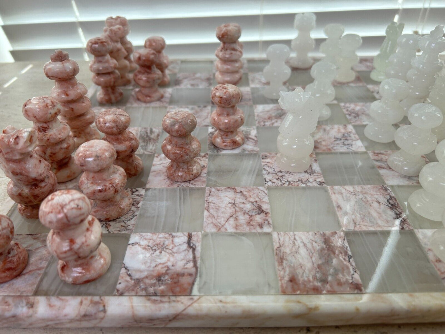 Onyx Chess Set Pink White 32 Pieces Board 13.75" Handmade Marble Chess