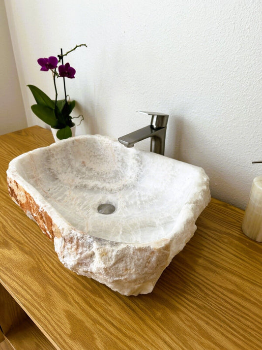 Sink-Rustic | Bathroom Vessel Sink, White Onyx Sink Bowl Stone Sink SRB-106