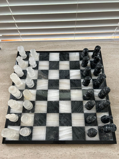 Onyx Chess Set Gray White 32 Pieces Board 13.75" Handmade Marble Chess