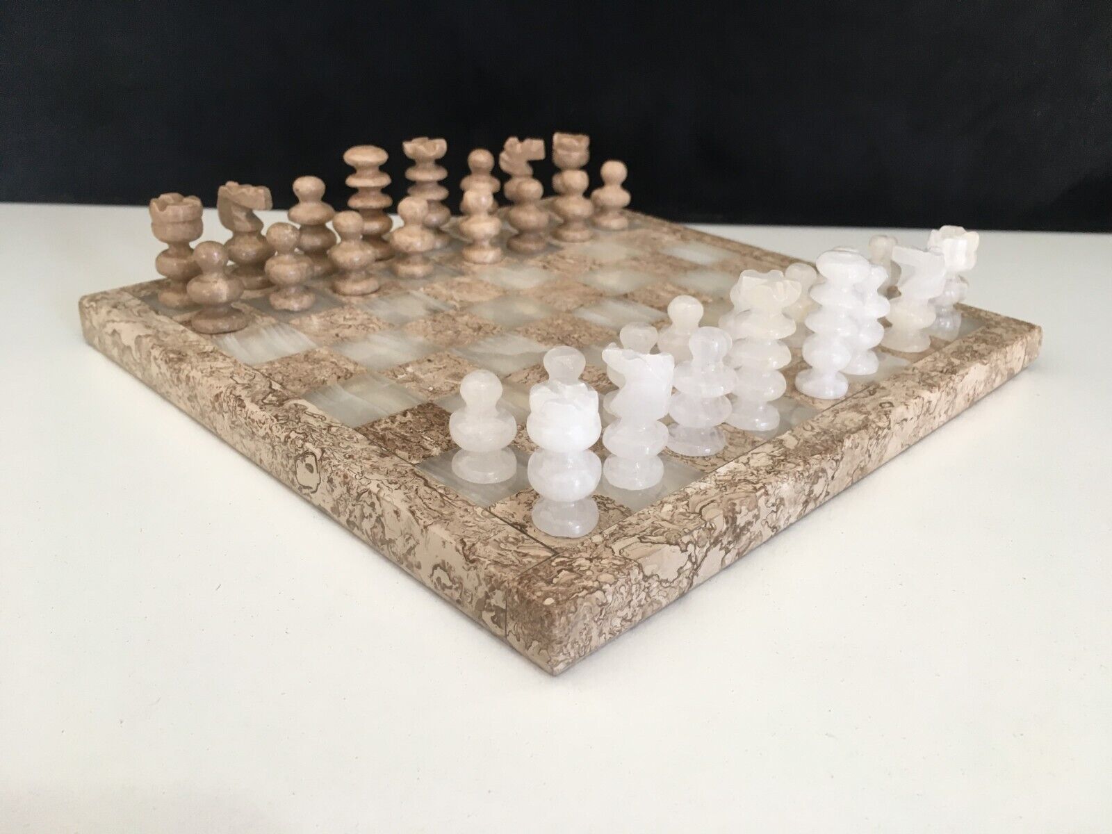 Handmade Mini Onyx Chess Set Traver and White Marble Chess Set 7.5"