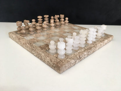 Handmade Mini Onyx Chess Set Traver and White Marble Chess Set 7.5"