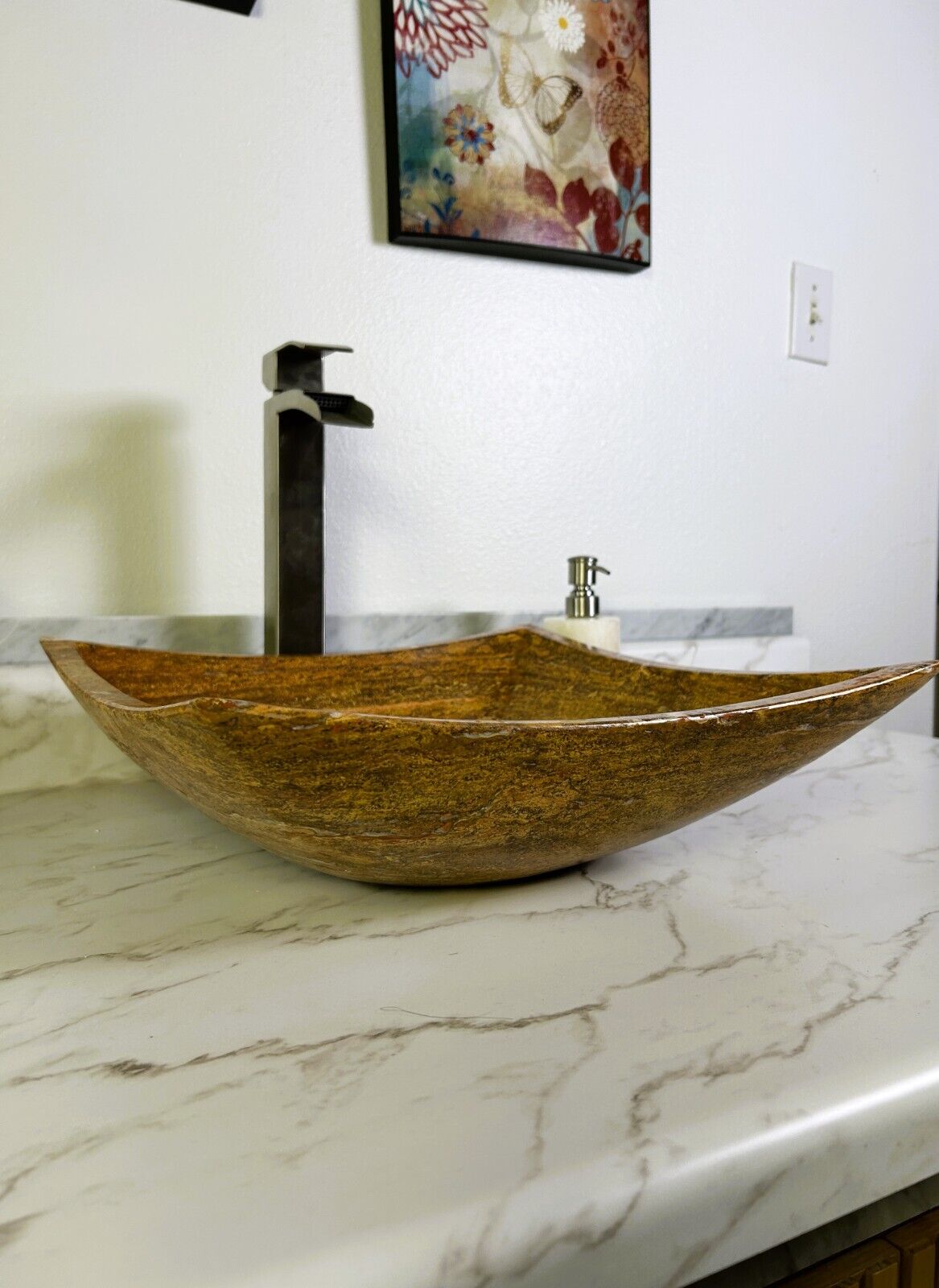 Red Travertine Marble Natural Stone Sink Hand Carved Vessel Sink Vanity