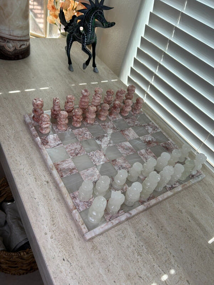 Onyx Chess Set Pink White 32 Pieces Board 13.75" Handmade Marble Chess