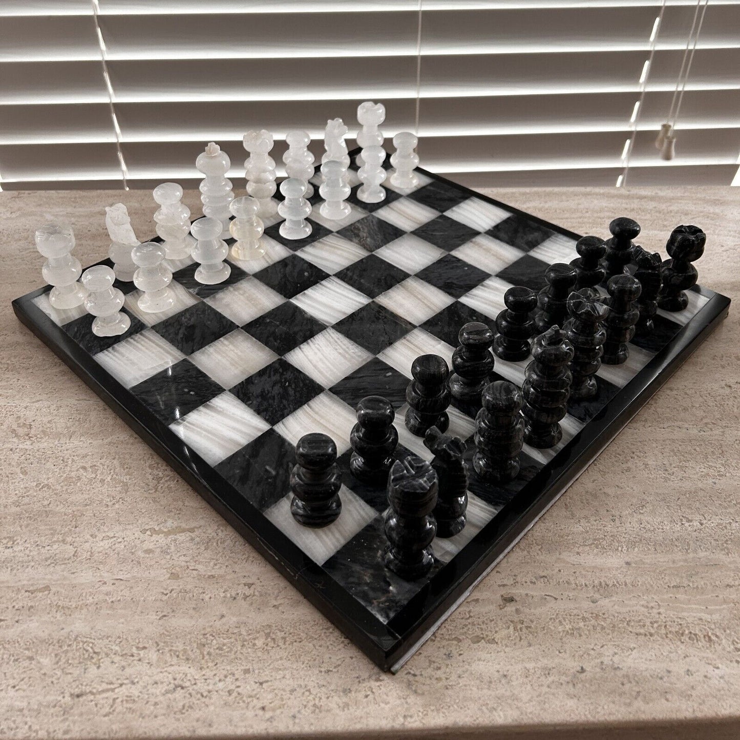 Onyx Chess Set Gray White 32 Pieces Board 13.75" Handmade Marble Chess