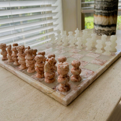 Onyx Chess Set Pink White 32 Pieces Board 13.75" Handmade Marble Chess