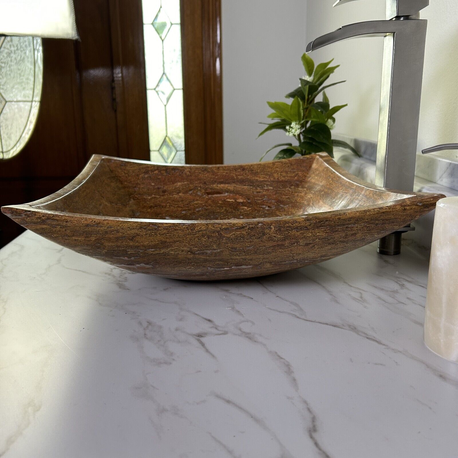 Red Travertine Marble Natural Stone Sink Hand Carved Vessel Sink Vanity