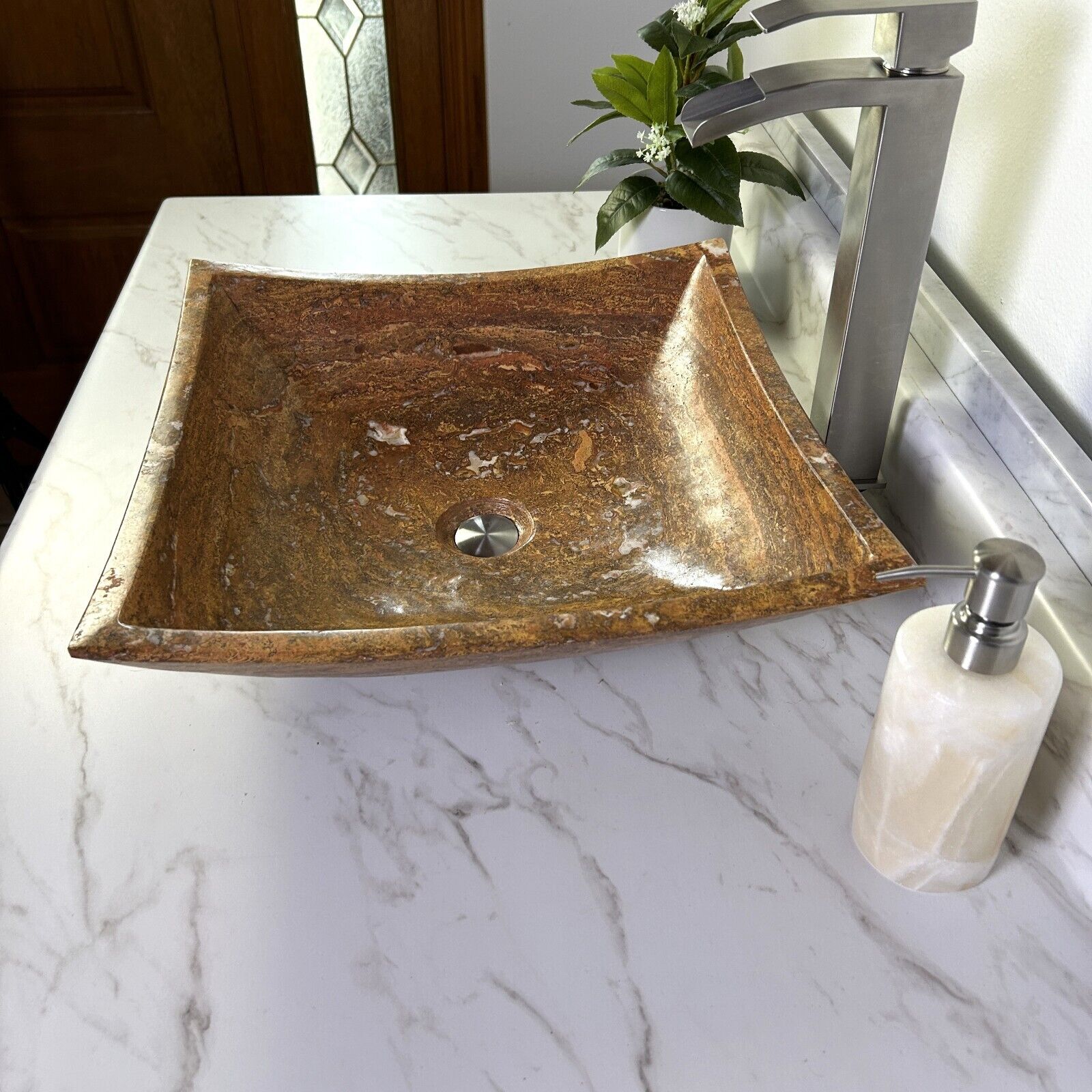 Red Travertine Marble Natural Stone Sink Hand Carved Vessel Sink Vanity