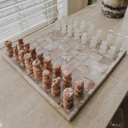 Onyx Chess Set Pink White 32 Pieces Board 13.75" Handmade Marble Chess