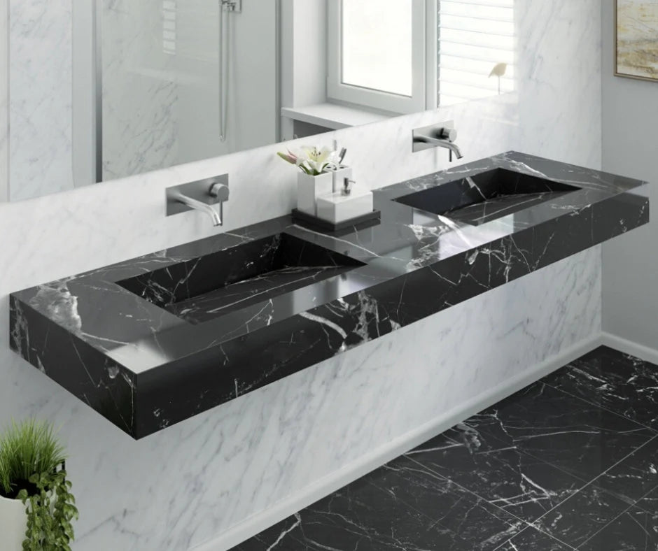 Black Marble Double Basin Countertop | Nero Marquina Wall mounted Sink