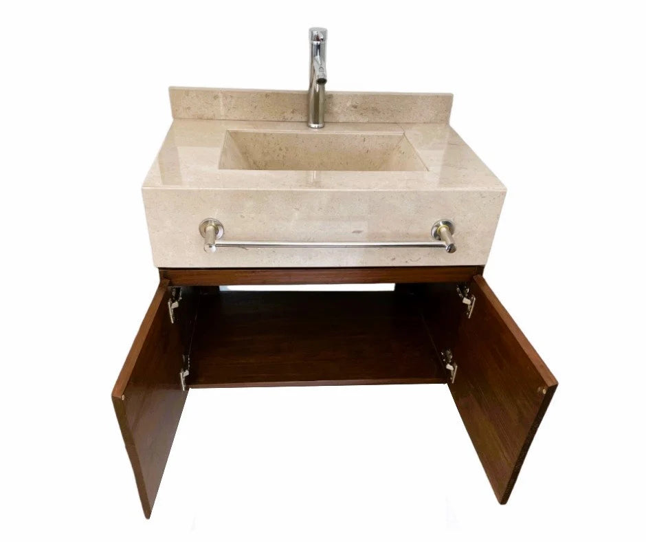 Sand Marble Countertop with sink integrated.  Includes Faucet, Towel Holder and Wooden Vanity | Modern Vanity