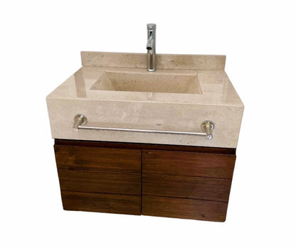 Sand Marble Countertop with sink integrated.  Includes Faucet, Towel Holder and Wooden Vanity | Modern Vanity