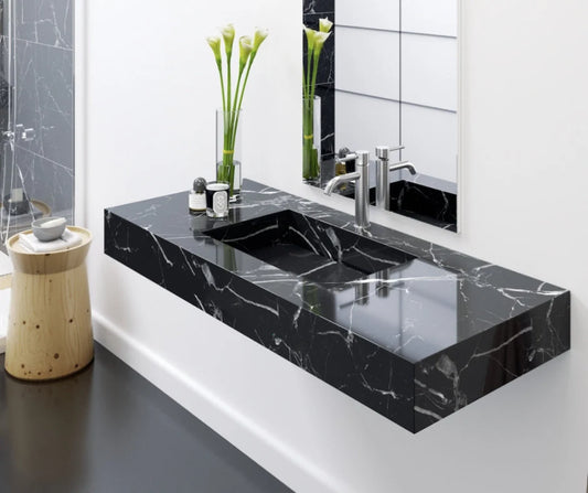 Elegant Black Marble Sink | Luxury Floating Marble Sink | Nero Marquina Marble Sink 48"