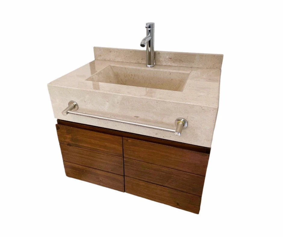 Sand Marble Countertop with sink integrated.  Includes Faucet, Towel Holder and Wooden Vanity | Modern Vanity