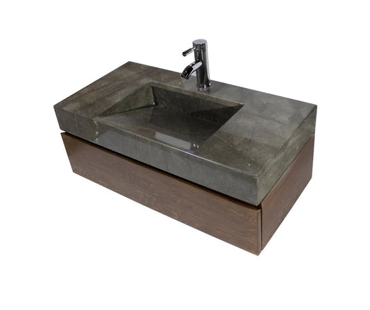 Black Marble Countertop with Basin.  Includes Faucet and Wooden Vanity. Wall Mount Sink