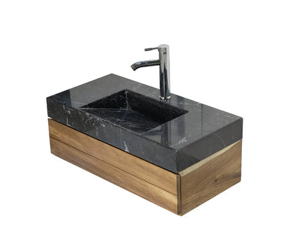 Black Marble Countertop with Basin.  Includes Faucet and Wooden Vanity. Wall Mount Sink