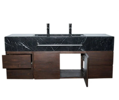 Nero Marquina Marble Sink, Double Basin includes Wood Cabinet