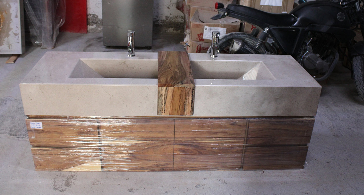 Sand Marble Double Sink, Includes Solid Wood Cabinet and Shelf